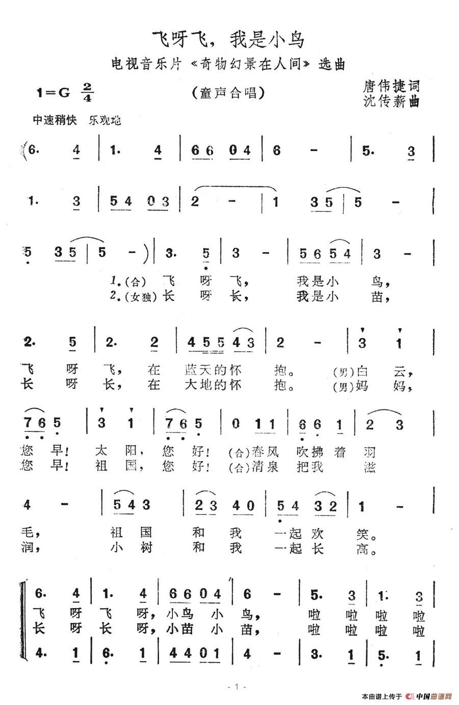 飞呀飞，我是小鸟简谱