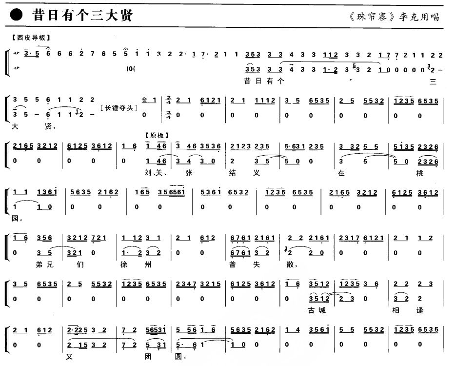 昔日有个三大贤（京剧琴谱）简谱