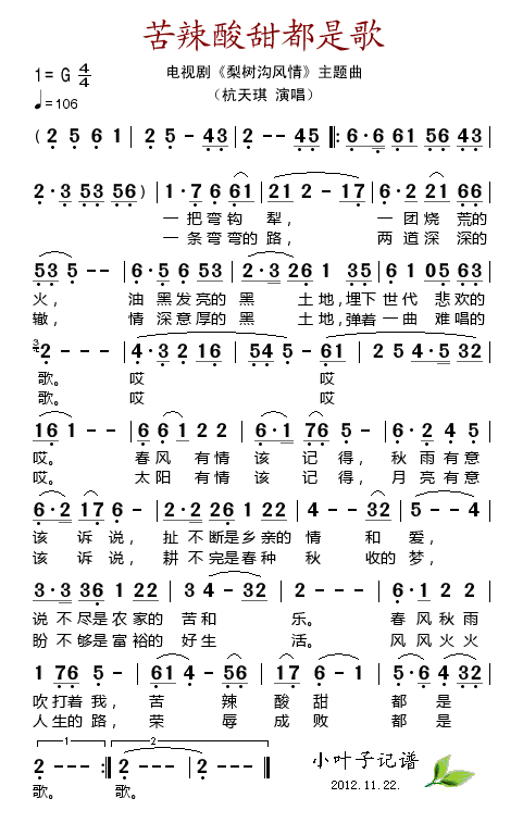 苦辣酸甜都是歌（电视剧《梨树沟风情》主题曲）简谱